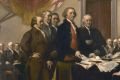 This painting depicts the moment on June 28, 1776, when the first draft of the Declaration of Independence was presented ...