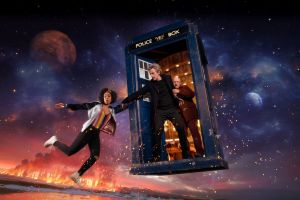 Bill (Pearl Mackie), The Doctor (Peter Capaldi) and Nardole (Matt Lucas) in Doctor Who.