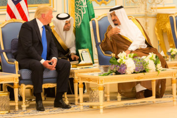 President Donald Trump and King Salman bin Abdulaziz Al Saud of Saudi Arabia talk together during ceremonies, Saturday, May 20, 2017, at the Royal Court Palace in Riyadh, Saudi Arabia. (Official White House Photo Shealah Craighead on Flickr)