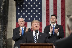 Flanked by Vice President Mike Pence and House Speaker Paul Ryan (R-WI), President Donald Trump delivers his Joint Address to Congress at the U.S. Capitol Building in Washington, D.C., Tuesday February 28, 2017