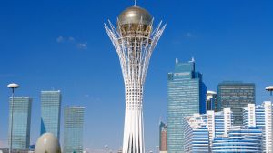 ASTANA, KAZAKHSTAN - MAY 10, 2014: Bayterek is a monument and observation tower in Astana. The height of buildings 105 ...