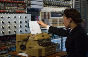 BLETCHLEY, ENGLAND - JUNE 03: Commercial Director at The National Museum of Computing Jacqui Garrad demonstrates how the ...