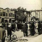 San Diego Free Speech Fight, California, 1912. Men standing in street, backs to 