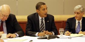 Barack Obama with economic advisor Robert Rubin (right) 