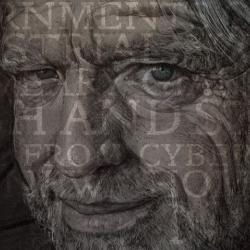 John Perry Barlow portrait with Declaration text