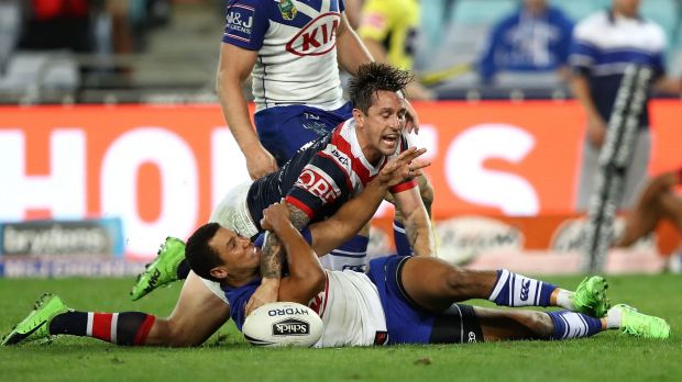 Mitchell Pearce of the Roosters scores the winning try during the round 11 NRL match between the Canterbury Bulldogs and ...