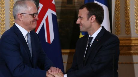 Malcolm Turnbull with French President Emmanuel Macron at the Elysee Palace in Paris on Saturday.