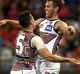 SYDNEY, AUSTRALIA - JUNE 03: Matt de Boer of the Giants celebrates kicking a goal during the round 11 AFL match between ...