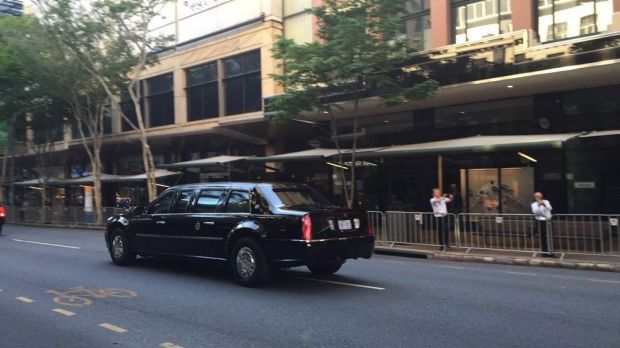 The Beast travels down Adelaide Street in the Brisbane CBD, when Barack Obama was president, in 2014.