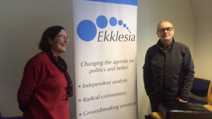 Ekklesia COO Virginia Moffatt &amp; Associate Vaughan Jones with the Ekklesia Banner