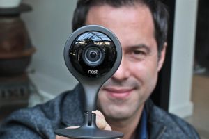Maxime Veron pictured with a Google Nest security camera, which is new to Australia.