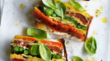 Adam Liaw's vegetable terrine on Turkish toast with whipped ricotta.