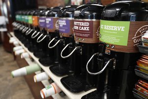 Coffee of varied flavors are lined up at a QuickChek convenience store, Thursday, March 23, 2017, in Cedar Knolls, N.J. (AP Photo/Julio Cortez)