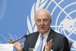 Staffan de Mistura, UN Special Envoy for Syria, briefs journalists on the last day of the sixth round of the intra-Syrian talks