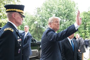 President Donald J. Trump thanks Service members after the 149th Memorial Day Observance at the Tomb of the Unknown Soldier and Memorial Amphitheater at Arlington National Cemetery, May 29, 2017.