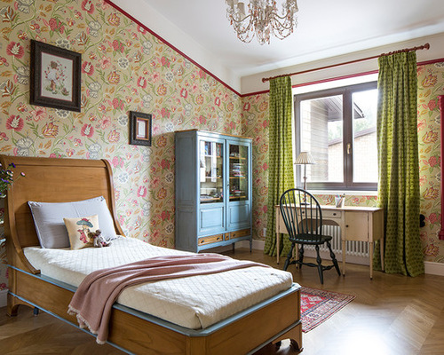 Victorian kids' room in Moscow with light hardwood floors and multi-coloured walls for girls. — Houzz