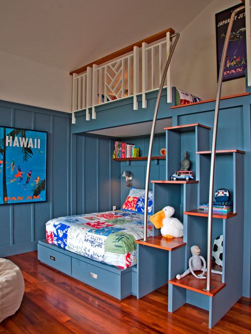 This is an example of a tropical gender-neutral kids' room in Hawaii with blue walls and medium hardwood floors. — Houzz