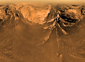 This poster shows a flattened (Mercator) projection of the Huygens probe's view of Saturn's moon Titan from 10 kilometers altitude (6 miles). The images that make up this view were taken on Jan. 14, 2005, with the descent imager/spectral radiometer onboard the European Agency's Huygens probe.