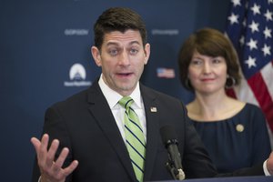 House Speaker Paul Ryan of Wis., accompanied by Rep. Cathy McMorris Rodgers, R-Wash.,speaks with reporters on Capitol Hill in Washington, Tuesday, May 2, 2017, following the Republican Caucus meeting.