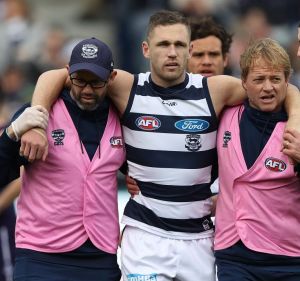 Concussed: Joel Selwood is helped from the field by trainers during the game against Fremantle. 