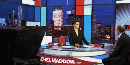 FILE -- Rachel Maddow on set for her news show on MSNBC in New York, March 9, 2017. Buoyed by a surge of interest in news and the channel's stable of reliably liberal anchors like Rachel Maddow, MSNBC is number one again in primetime cable news. Its primetime viewership on weeknights in the critical 25-to-54 age demographic has grown an astounding 118 percent from a year ago. (An Rong Xu/The New York Times)