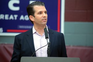 Donald Trump, Jr. speaking with supporters of his father, Donald Trump, at a campaign rally at the Sun Devil Fitness Center at Arizona State University in Tempe, Arizona, 27 October 2016