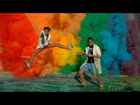 25 Airbag Rainbow Explosion in 4K - The Slow Mo Guys