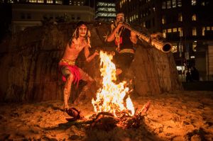 Jeremy 'Mudjai' Devitt (right) and Darryll Lockwood have built a Gunya in Hyde Part as part of City of Sudney's Naidoc ...