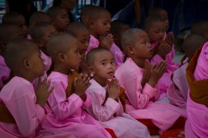 Young Buddhist nuns pray at the famed Shwedagon Pagoda during the Full Moon of Waso, Saturday, July 8, 2017, in Yangon, ...