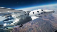 Virgin Galactic’s spaceship VSS Unity glides over California’s Mojave desert during its first flight last year.