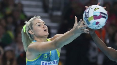 Australia's Gretel Tippett reaches out for the ball against Malawi in the Fast5 World Series on Saturday.