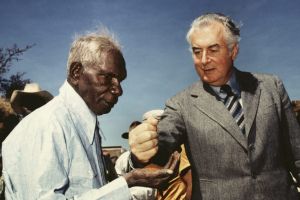 Bishop's 1975 photo of Vincent Lingiari and then prime minister Gough Whitlam.