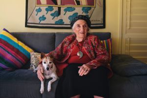 Barbara Blackman and her dog called "Piece of string", at home in Canberra.