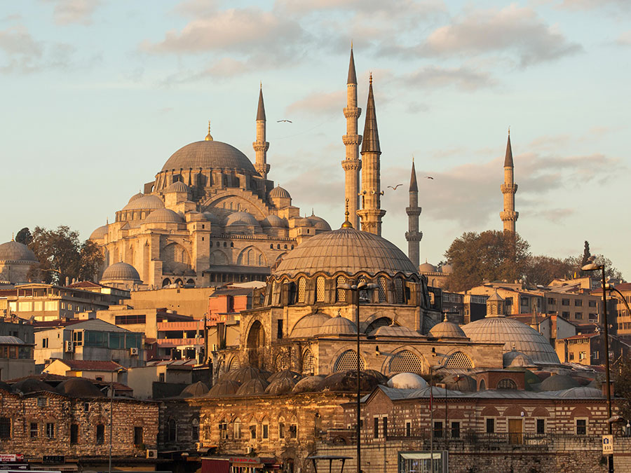 Rustem Pasha Mosque in the foreground and the Suleymaniye Mosque, an Ottoman imperial mosque on the Third Hill of Istanbul.