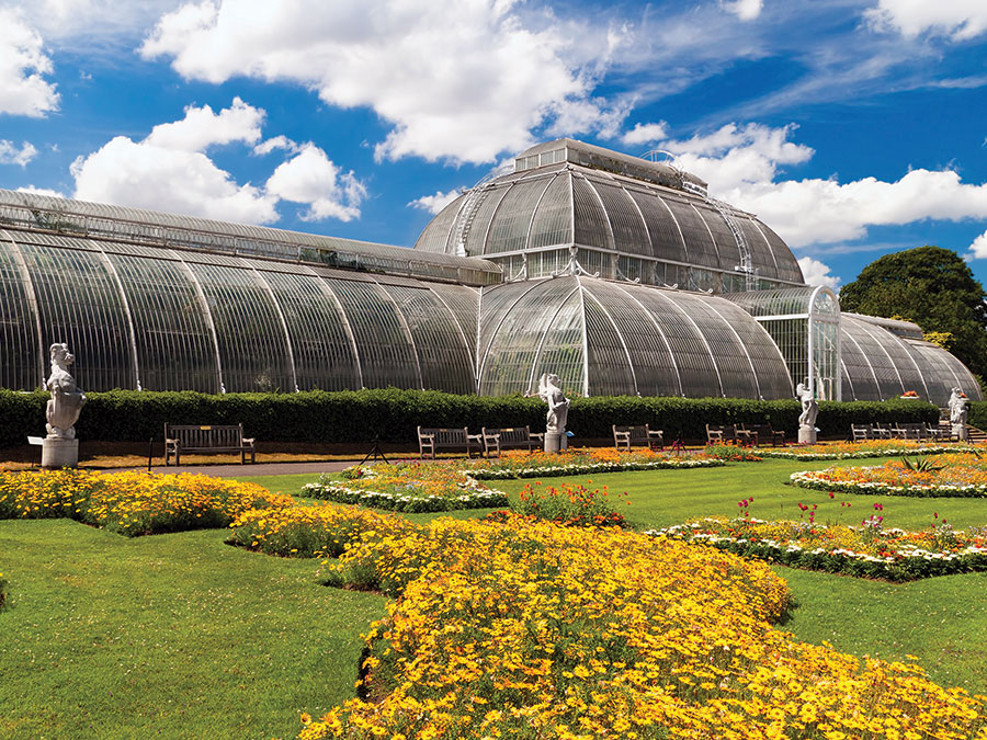 The Palm House in Kew Gardens, originally built between 1844 and 1848, displays exotic palms from around the world. 