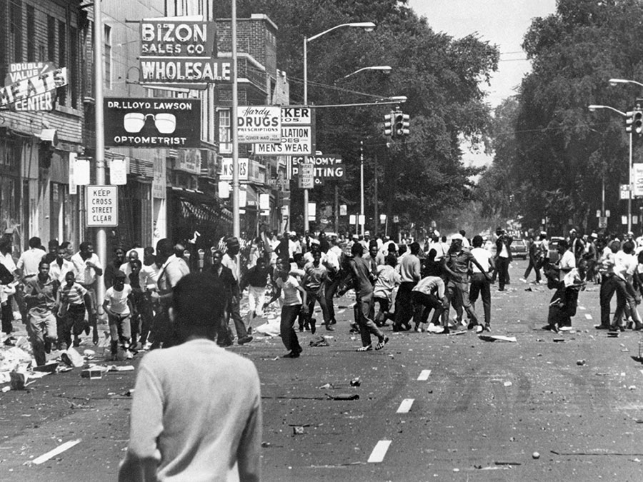 Police began to move in the area of 12th Street and Clairmont as hundreds of people fill the street with violence gaining momentum during the 1967 Detroit Race Riot.