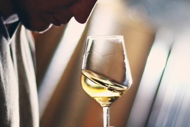 Closeup of unrecognizable adult man slightly shaking a glass of white wine under his nose and trying to catch bouquet. ...