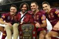 BRISBANE, AUSTRALIA - JULY 12: (L-R) Cooper Cronk, Johnathan Thurston, Cameron Smith and Billy Slater of the Maroons ...