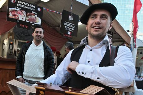 Vincent Hernandez, left, organiser of the Bastille Festival at Circular Quay with Maxime Peyrot playing the Barbarian Organ.