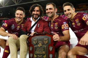 BRISBANE, AUSTRALIA - JULY 12: (L-R) Cooper Cronk, Johnathan Thurston, Cameron Smith and Billy Slater of the Maroons ...