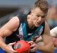 Port's Robbie Gray and North's Daniel Nielson tussle for the ball at Adelaide Oval on Saturday afternoon. 