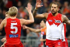 Hard to handle: Lance Franklin celebrates another major.
