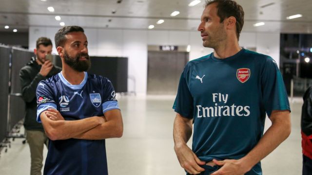 Global reach: Alex Brosque and Petr Cech, at the Puma kit launch for Sydney FC and Arsenal. 