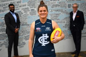 Tarang Chawla, Brianna Davey and Carlton CEO Steven Trigg ahead of the 'Carlton Respects' game, aimed at promoting a ...