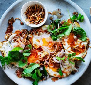 Fried eggs with nahm jim.