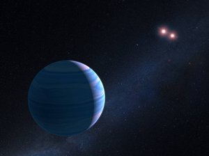 This artist's illustration shows a gas giant planet circling a pair of red dwarf stars in the system OGLE-2007-BLG-349, located 8,000 light-years away. The Saturn-mass planet orbits roughly 300 million miles from the stellar duo.