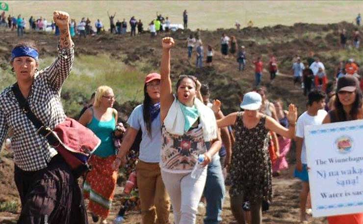 A screencap from Democracy Now's coverage of the ongoing Standing Rock protests in North Dakota.