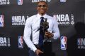 Kia NBA Most Valuable Player, Best Style & Game Winner Award winner, Russell Westbrook, poses in the press room at the ...