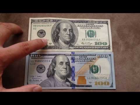 Comparing the new $100 US dollar (Oct 2013) with the old $100 bill.