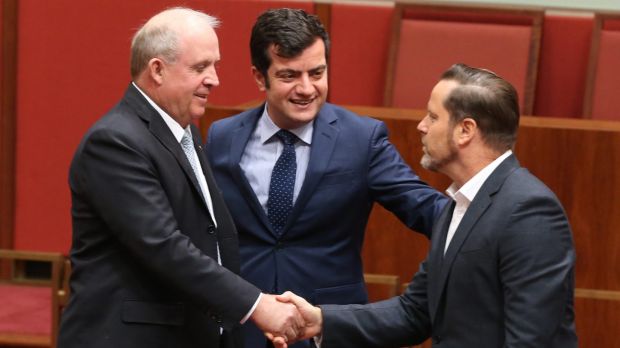 Greens senator Peter Wish-Wilson, born in Singapore is congratulated by Nationals senator John "Wacka" Williams and ...